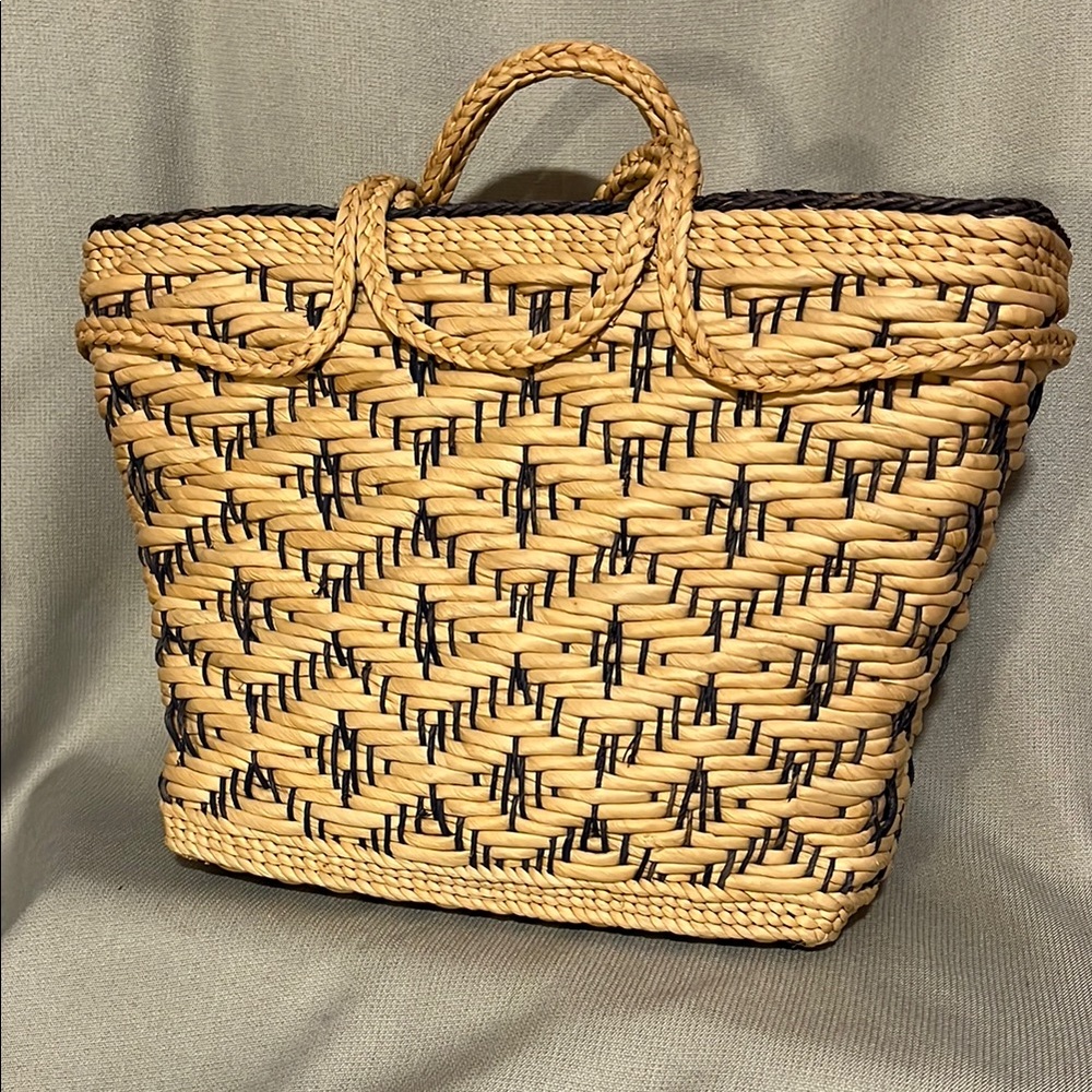 Woven Straw Tote Bag with Black Accent - Natural